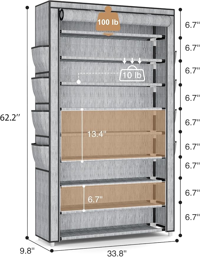 Shoe Rack with Cover, 10 Tier Shoe Organizer Storage for 40-50 Pairs Sneaker and Boots, Large Capacity, with 8 Pockets, Free Standing Tall Shoe Rack for Front Door Entrance, Closet, Printing - Image 3