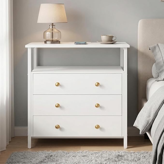 Edbuosy 3 Wooden Drawers Nightstand, 27 Inch Wide Night Stand Set 2 with Charging Station and Adjustable Drawers, Small Dresser for Closet, Bedside Table for Living Room/Bedroom/Office, White. - Image 6