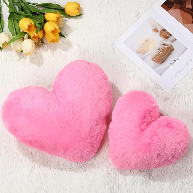 Marsui 2 Pcs Heart Throw Pillows, Soft Fluffy Faux Fur Decorative Hearts Shaped Pillows for Living Room Sofa Bed, Cute Heart Themed Gift for Women(Peach Pink,11.81 x 11.02, 16.73 x 13.78 Inch)
