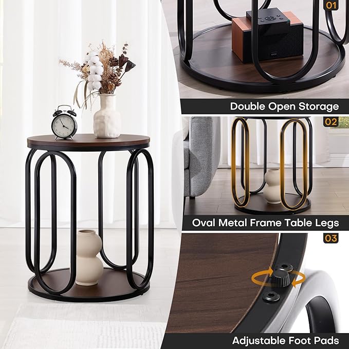 BECHAEO Small Side Table 19.7", 2-Tier Round Bedside Table with Storage, Wood Industrial Design End Tables for Living Room, Bedroom, Office, Bathroom, Dark Coffee
