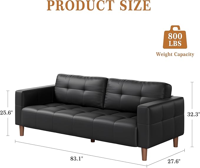 GarveeHome 3-Seater Sofa Couch, 83" Wide Faux Leather Sofa Couch with Spring Cushion, Modern Sofa with Deep Seats and 2 Removable Back Cushions, for Living Room, Apartment, Office, Modern Black