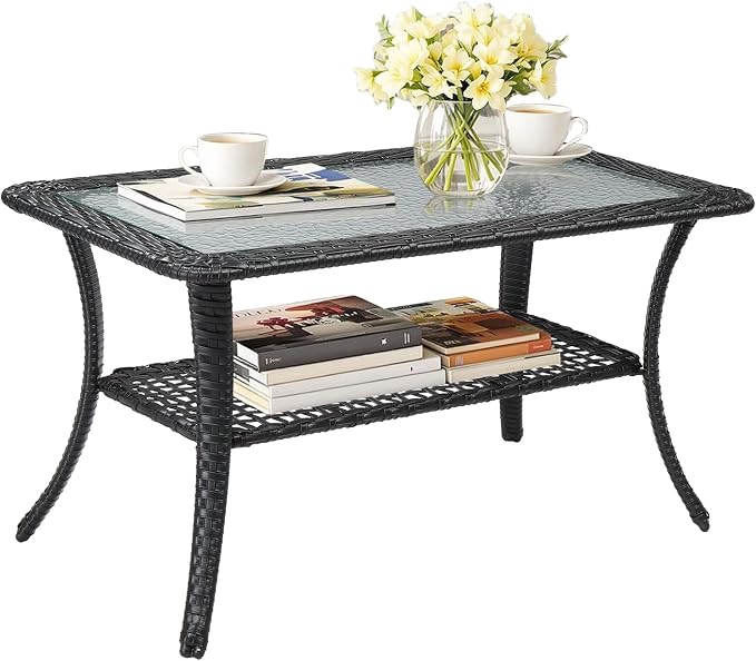 VINGLI Outdoor Coffee Table with Storage Wicker Patio Coffee Table, Tempered Glass Top Coffee Table for Patio Outside Balcony Porch Deck (Black) by VINGLI