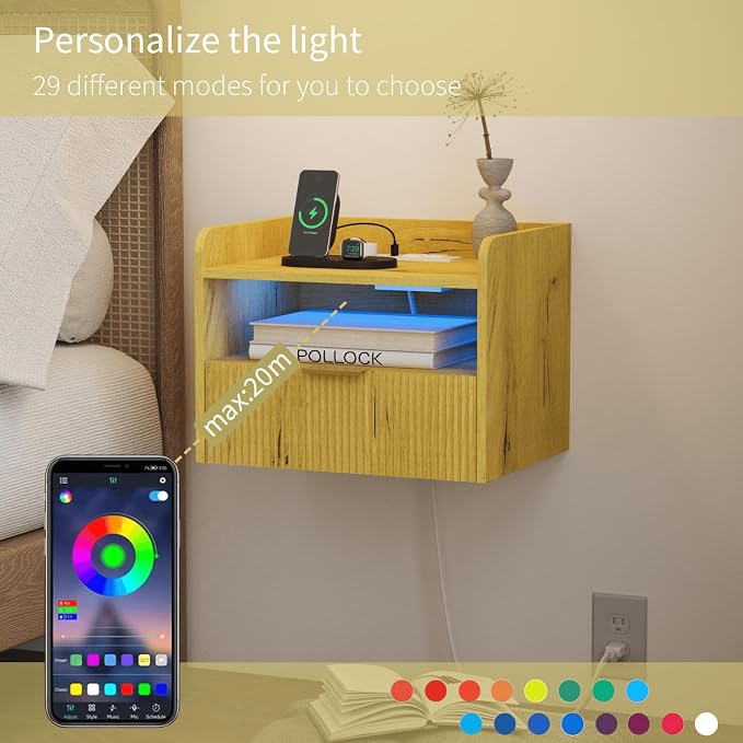 Veegle Floating Nightstand with Charging Station and LED Lights (Yellow Oak) - Image 5