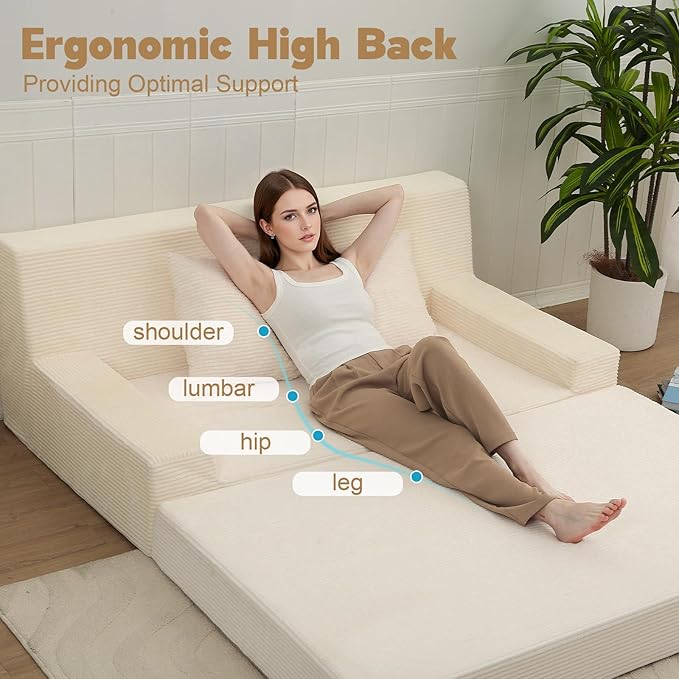 MeMoreCool Boneless Folding Queen Sofa Bed – Corduroy Convertible Futon Sleeper Couch with Foam Core & Pillow, Washable Cover, Space-Saving Floor Sofa for Living Room, Guest Bedroom, Apartment