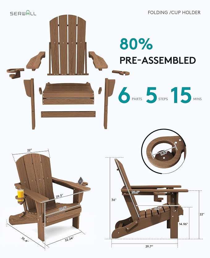 SERWALL Adirondack Chair with Cup Holders - Composite Adirondack Chairs HDPE Outdoor Chairs All Weather Use- Brown - Image 3