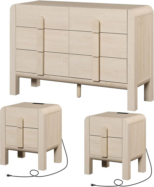 WAMPAT 3 Piece Dresser and Nightstand Sets for Bedroom, 47.2" W Modern 6 Drawer Dresser & 23.7” Tall Nightstand Set of 2 with Charging Station for Bedroom, Curved Profile Design, Beige