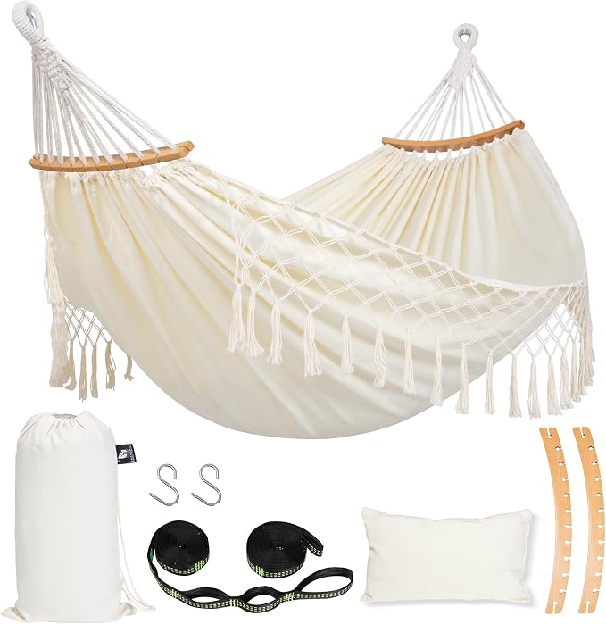 SUNCREAT Hammocks Outdoor Camping Double Hammock with Spreader Bar, Tassel, Hammocks for Outside, Beige by SUNCREAT