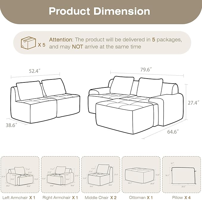 Modular Sectional Sofa, Boneless Couches for Living Room, Corduroy Couch, Big Comfy Couch, Modular Cloud Sofa with Deep Seat (White, 5 Pieces-Side Shape)