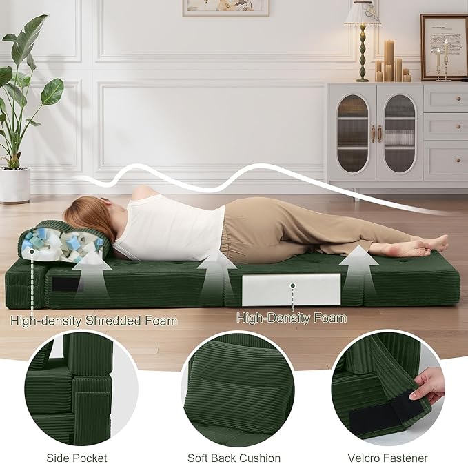 COMAX Folding Sofa Bed, Foldable Couch for Bedroom, Convertible Floor Sleeper Futon Chair Foam, Corduroy 3 in 1 Fold Out Chair Portable Comfy Lounge Couch Sofa Bed for Small Space, Single, Green
