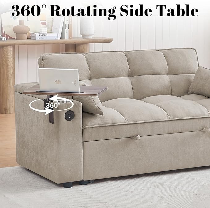 Rovibek 3 in 1 Sofa Bed, 65 Inch Convertible Pull Out Couch with USB and Type-C Ports, Loveseat Sleeper Bed with Small Table, 3 Level Adjustable Backrest for Living Room, Khaki