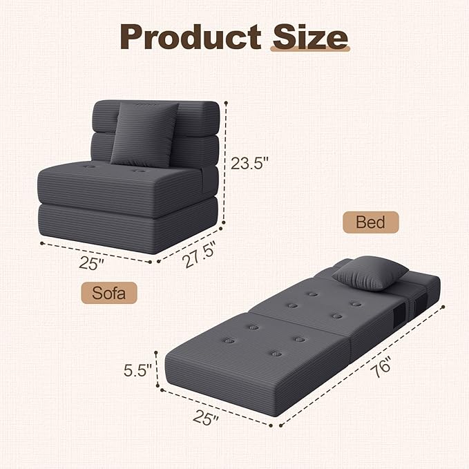 Folding Sofa Bed, Convertible Sleeper Chair & Couch Bed with Pillow, One-Piece High-Density Sponge Mattress, Multi-Purpose Corduroy Floor Sofa for Living Room, Office, Apartment, Grey, Single