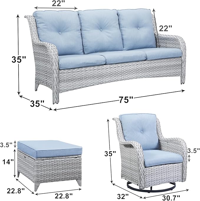 Rilyson Patio Furniture Swivel Chairs Set - 6 PC Wicker Rattan Outdoor Sectional Conversation Sets with 2 Rocking Chair,2 Ottoman and 2 Sofa for Porch Deck Garden(Light Grey/Sky Blue)
