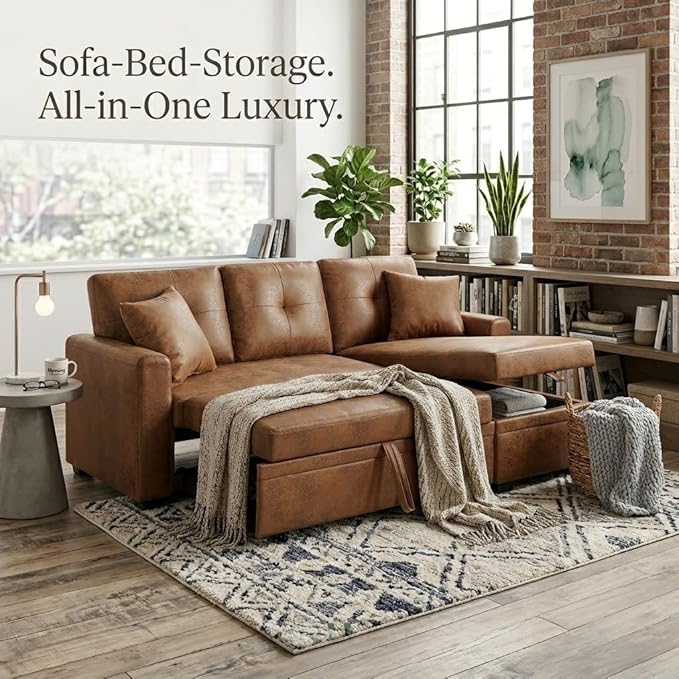 Sectional Sleeper Sofa with Pull Out Bed, L Shape Convertible Sofa Bed Couch with Storage Chaise, 3 in 1 Pull Out Sofa Bed with 3 Seats, for Living Room,Apartment, PU Brown, 76 Inch
