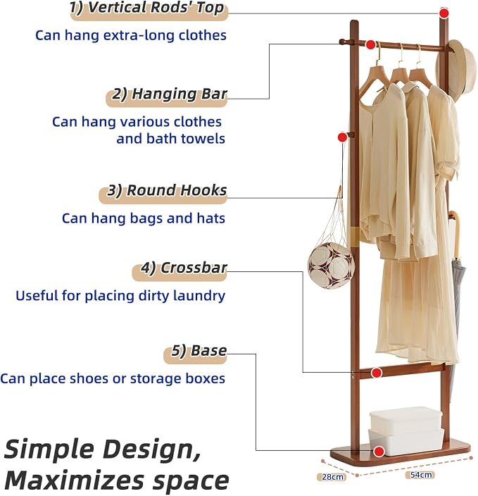 Aibiju Coat Rack Tree Stand with Very Sturdy Base, Freestanding Small Clothes Rack Heavy Duty, Garment Hanging Racks for Kids and Adults, Space Saving Brown USYD-203 - Image 4
