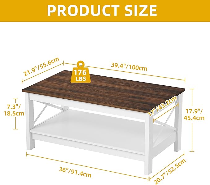 DWVO Rectangle Coffee Tables for Living Room Storage Table Wood Coffee Table with Thicker Legs 2 Tier Modern Coffee Table Center Table for Living Room, Brown