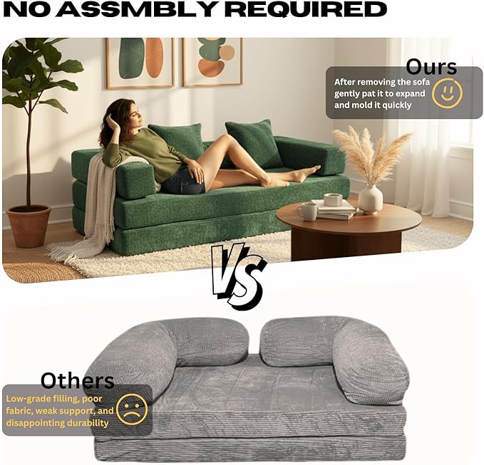 Alpen 77" Convertable Sleeper Sofa, 4-in-1 Pull Out Couch Bed with L-Shaped Armrests, Futon Sofa Bed Queen Size Sleeper Mattress Fold Out Comfy Lounge for Living Room Bedroom, Green