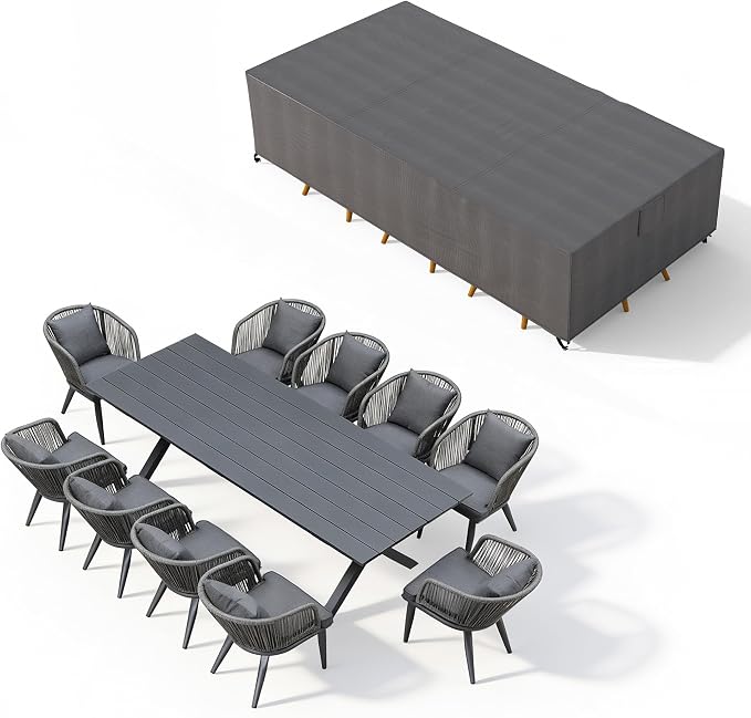 PURPLE LEAF 11 Pieces Patio Dining Set with Waterproof Furniture Cover Rectangular Table and Chairs Set for Garden Deck Aluminum Frame Backyard Kitchen Set, Cushions and Pillows Included Grey by PURPLELEAF