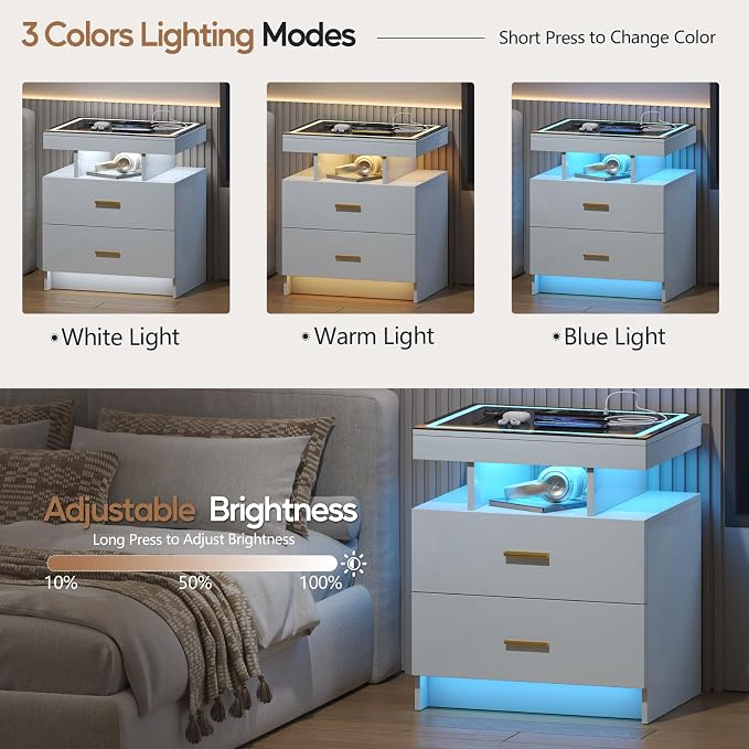 LED Nightstand with Wireless Charging Station,White Night Stand with 2 Drawers,Glass Top Smart Bedside Table,Modern End Table Side for Bedroom,Living Room,Office - Image 4