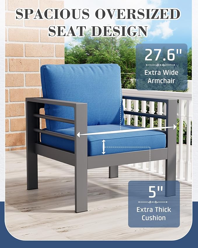 AECOJOY Aluminum Patio Furniture Armchair with Ottoman, Set of 2, Modern Outdoor Furniture with Washable 5 inch Thick Cushion, Blue