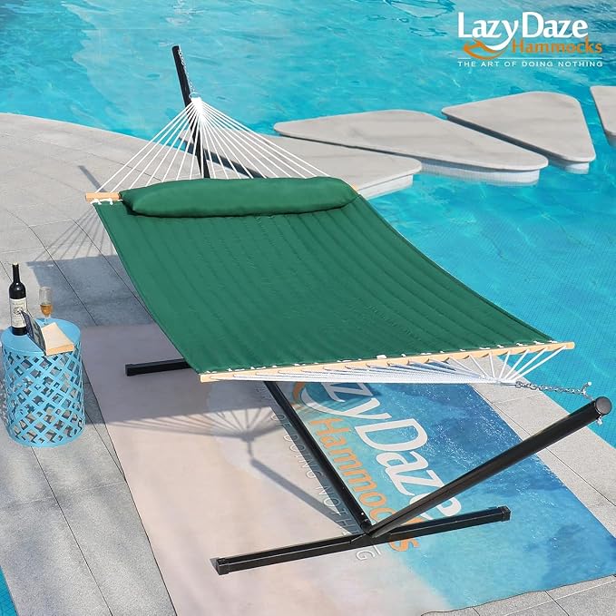 Lazy Daze Hammocks 12 FT Double Quilted Fabric Hammock with Spreader Bar and Detachable Pillow, 2 Person Hammock for Outdoor Patio Backyard Poolside, 450 LBS Weight Capacity, Dark Green - Image 5