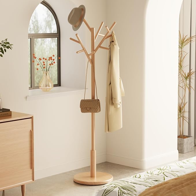 Muwuele Coat Rack,Solid Wood Coat Rack Freestanding with 12 Hooks,Coat tree freestanding 3 Adjustable Heights for coat, Hats, Handbags，Coat Stand for Entryway,Bedroom (Natural) - Image 3
