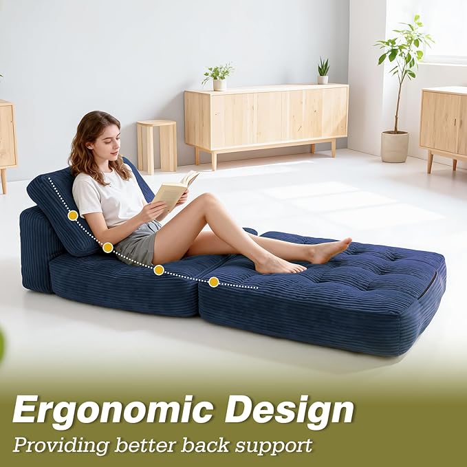Art3d Folding Sofa Bed, Convertible Sleeper Sofa Bed with Pilow & Back Support, 3 in 1 Long Futon Boneless Couch, Comfy Floor Couch for Living Room, Bedroom, Navy Blue
