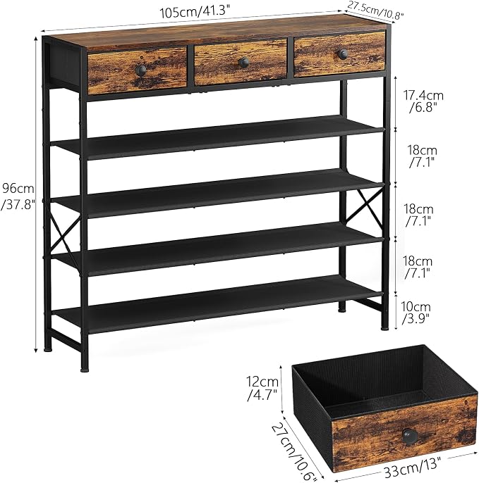 Shoe Rack, 5 Tier Shoe Organizer with 3 Drawers, Metal Shoe Storage for 24-30 Pairs of Shoes with Fabric Shelves and Wooden Top, Narrow Shoe Shelf for Closet Entryway Rustic Brown - Image 3