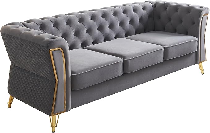 KEIKI 87" Chesterfield Velvet Button Tufted Sofa with High Density Foam Cushions, Modern Style 3-Seater Couch with Gold Strip Trim Decoration, Easy Assembly, for Apartment, Living Room, Office, Grey