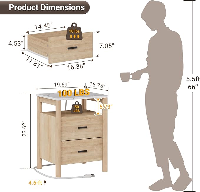 Night Stand, 20" Wide Nightstand, Modern Large Nightstand with Charging Station & Faux Marble Top, 2 Drawer End Table with Solid Round Post Legs, Bedside Table for Bedroom, Natural Oak - Image 2