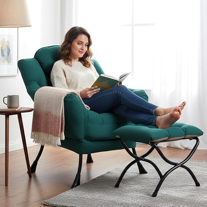 Lazy Chair with Ottoman, Modern Accent Chair Contemporary Sofa Chair with Armrests, Reading Chair and Folding Footstool Set for Living Room, Bedroom, Office
