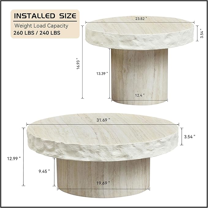 Round Coffee Table Set of 2, Faux Marble Pattern Center Table Imitation Stone Cement Table with Side Table for Living Room Apartment (Fiberglass 31.69" & 23.82")