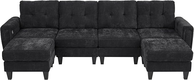 ERYE 115-Inch U-Shaped Modular Sectional Sofa Include 2 Ottomans and 4 Seat, Comfy Chenille Upholstered Tufted U Shaped Sectional Couch W/Coffee Table and USB-C Ports