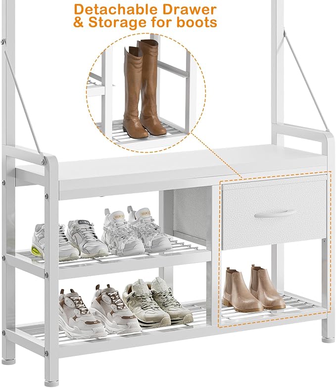 Lulive Hall Tree, 31.5” Entryway Bench with Coat Rack freestanding, 5 in 1 Intelligent Design Shoe Bench and Wall Rack 17 Hooks and Drawers (White) - Image 3