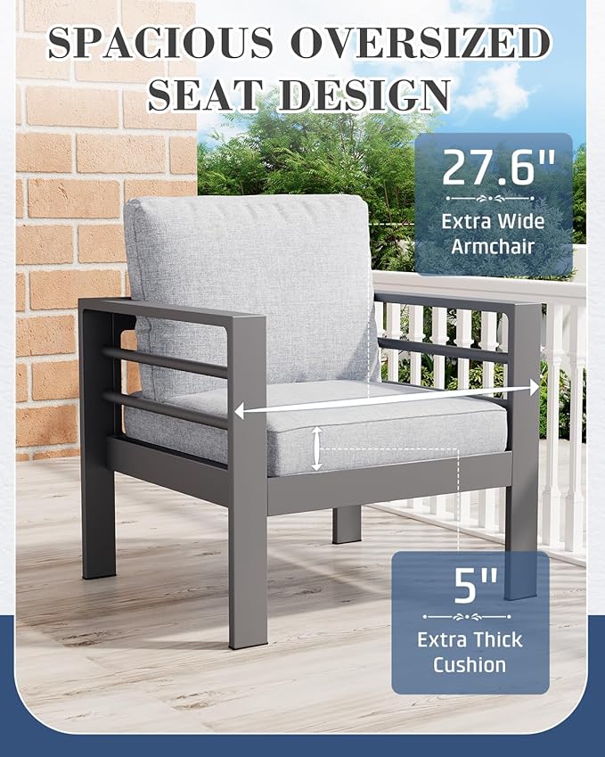AECOJOY Aluminum Patio Furniture Set, 5 Seats Modern Outdoor Furniture with Coffee Table, 4 Pieces Metal Conversation Sectional Sofa, Light Gray