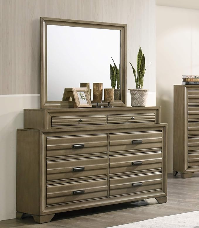Roundhill Furniture Loiret Light Grey Finish Wood Storage Platform Queen Bedroom Set with Dresser, Mirror, Two Nightstands, Chest