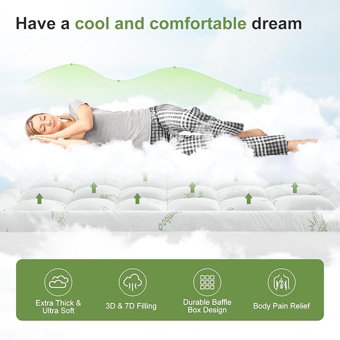 Queen Size Mattress Topper Viscose Derived from Bamboo, Soft Thick Pillow Top Mattress Pad Cover for Back Pain, Cooling Mattress Protector with 8-21 Inch Deep Pocket, White