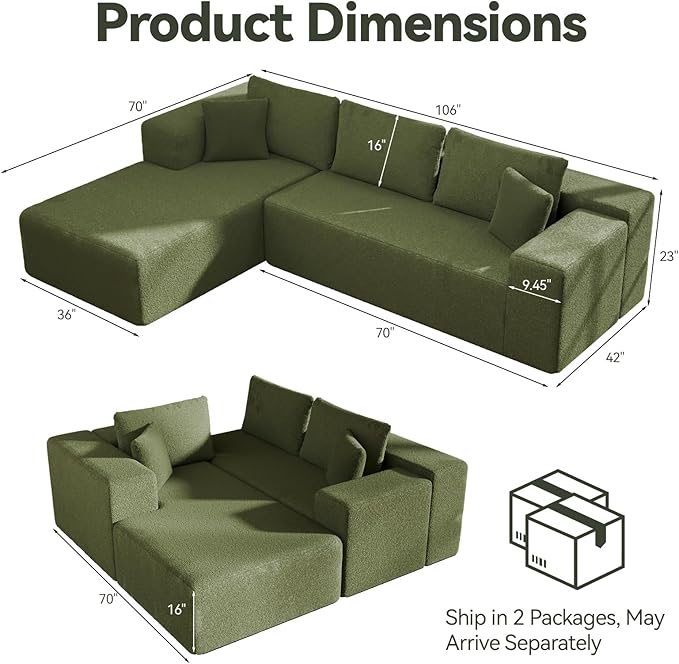 106" Modular Sectional Sofa, Green Wool Cloud Couch with Right Chaise, Deep Seat Boneless Floor Sofa for Living Room, High-Resilience Foam Support, No Assembly Required, Includes Pillows | Sectional Sofa, Corduroy Cloud, Boneless, High-Resilience, No A...