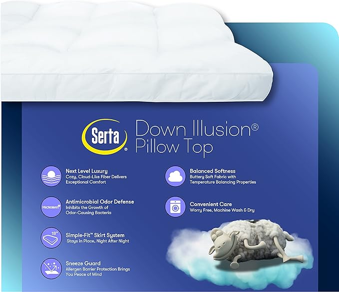 SERTA Down Illusion Soft Hypoallergenic 2 inch Pillowtop Simple Fit Mattress Topper, Full, White
