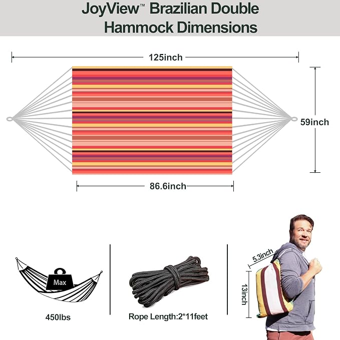 JoyView Brazilian Double Hammock with Hanging Ropes Extra Large 86.6x59” Portable Cotton Hammock for Patio Backyard Porch 450LBS Weight Capacity Perfect for Outdoor/Indoor - Red Stripes - Image 2