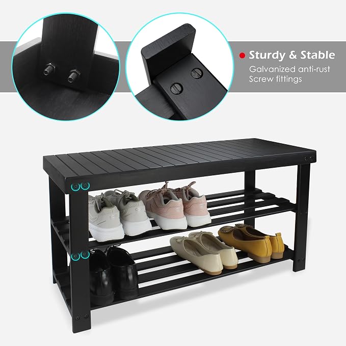 SMIBUY Bamboo Shoe Rack Bench, 3-Tier Shoe Organizer Storage Shelf for Entryway Hallway Bathroom Living Room (Black) - Image 6