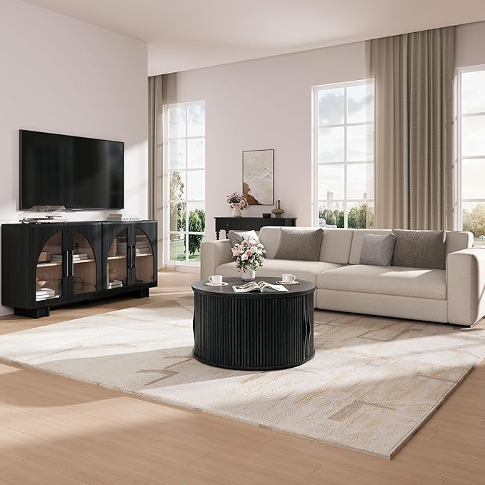 31.5" Round Lift Top Coffee Table with Hidden Storage,Modern Black Drum Coffee Table for Living Room, Wood Fluted Design Center Table for Small Apartment & WFH