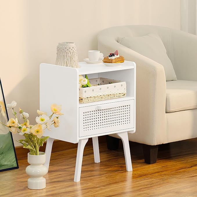 Lerliuo Rattan Nightstands Set of 2, Side Table with Drawer Open Shelf, Cane Accent Bedside End Table with Solid Wood Legs, Mid Century Modern Night Stand for Bedroom, Dorm and Small Spaces (White) - Image 5
