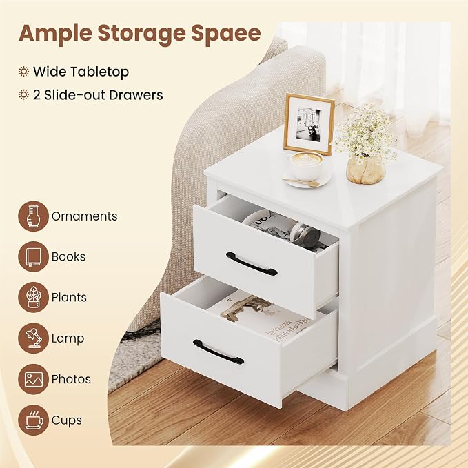 Giantex Modern Nightstand Set of 2, Wood Bedside Table with 2 Storage Drawers, Compact Floor Night Stand End Table, White Accent Sofa Side Table for Bedroom - Image 7