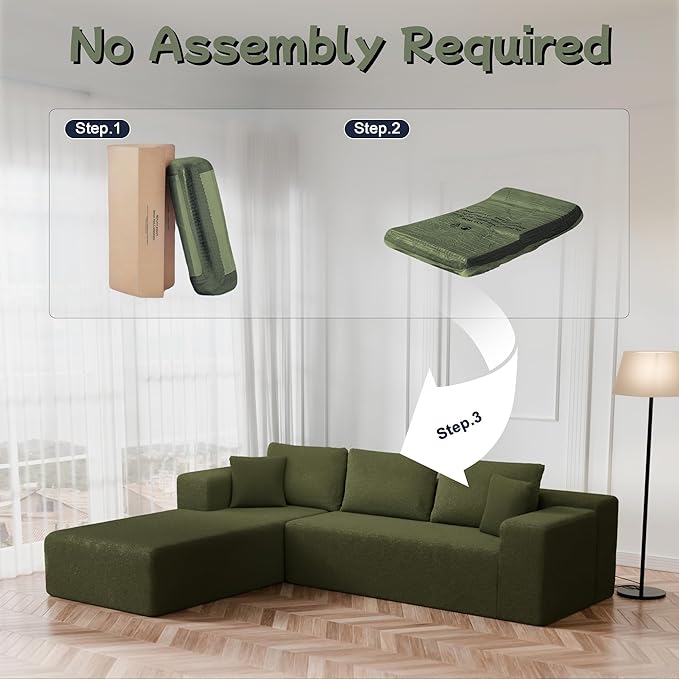 Cloud Sectional Couch, 105” Fluffy Modular L-Shape Sofa with Right Chaise Lounge, Modular Sectional Sofa in a Box, Boneless Couch for Living Room, No Assembly Required, Wool Green