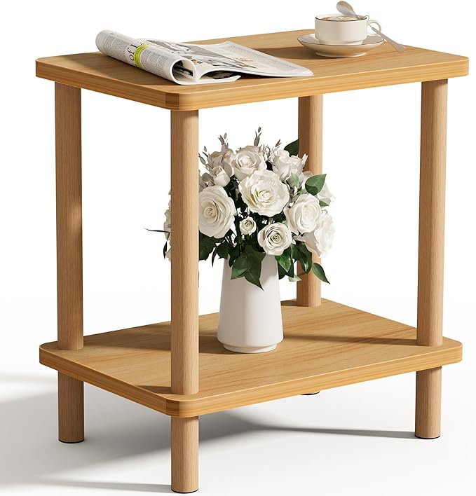 2 Tier End Table Low Table with Solid Wood Legs, Small Coffee Table Side Table, Boho Bedside Table with Storage Shelf, Nightstand for Small Spaces, Bedroom, Living Room, Entryway, Farmhouse, Natural