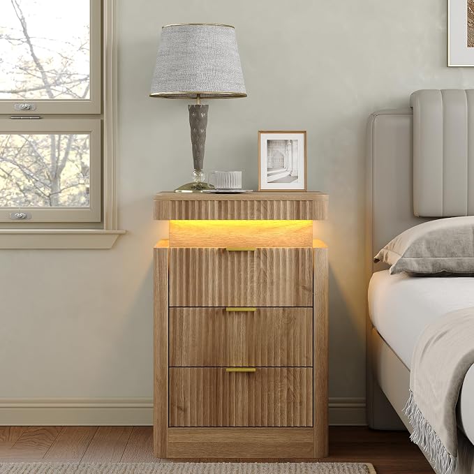Yanosaku Night Stand Set of 2 with Charging Station, 3-Drawer Fluted LED Bedside Tables with Sliding Top & USB Outlets, Modern End Tables for Small Bedroom Living Room, Oak - Image 8