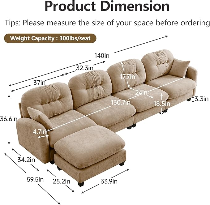 KEIKI 140" L-Shaped Oversized Chenille Modular Sectional Sofa with 1 Ottoman, High-Density Foam Cushions, Tufted Pleated Cushion Backrest, Modern 4-Seater Couch with 2 Pillow, for Living Room, Camel