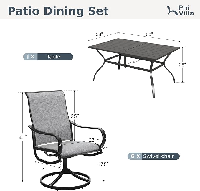 PHI VILLA Patio Dining Set for 6, Large Metal Table and 6 Outdoor Swivel Dining Chairs with Textilene Mesh Fabric, All Weather Patio Dining Furniture Set for Deck Lawn Garden (Gray) - Image 8