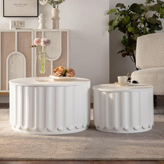 kevinplus 46.46'' White Round Coffee Table Set of 2 with Storage Space & Lift-Off Lid, Modern Circle Fluted Drum Nesting Coffee Table for Living Room, No Assembly, White