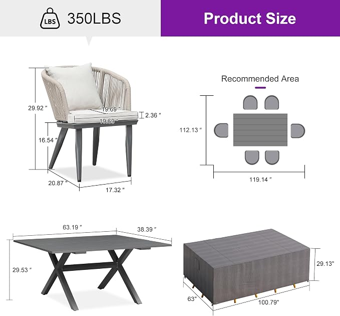 PURPLE LEAF 7 Pieces Patio Dining Set with Waterproof Furniture Cover Rectangular Table and Chairs Set for Garden Deck Aluminum Frame Backyard Kitchen Set, Cushions and Pillows Included Taupe - Image 9